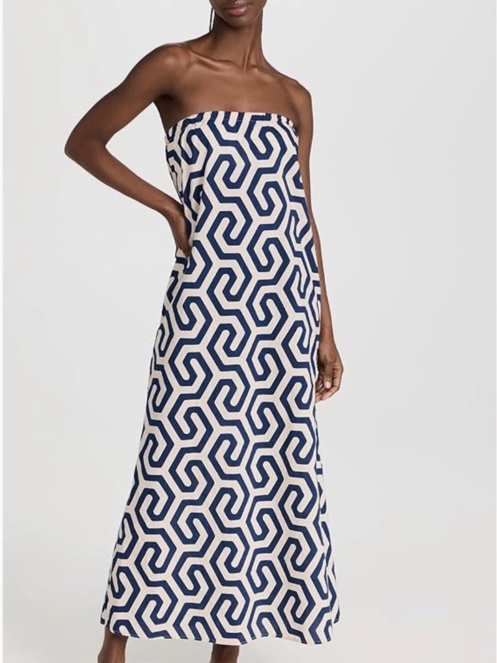 Stateside Geometric Print Strapless Maxi Dress XS Cotton Navy EUC